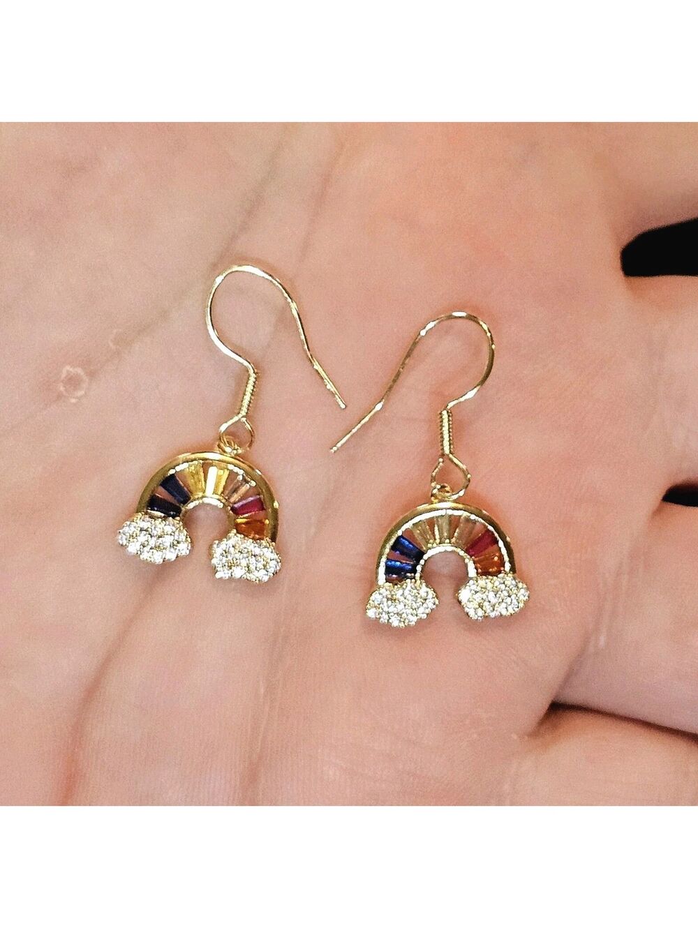 14k Gold-plated Rainbow Dangle Drop Hook Earrings Multicolor Baguette